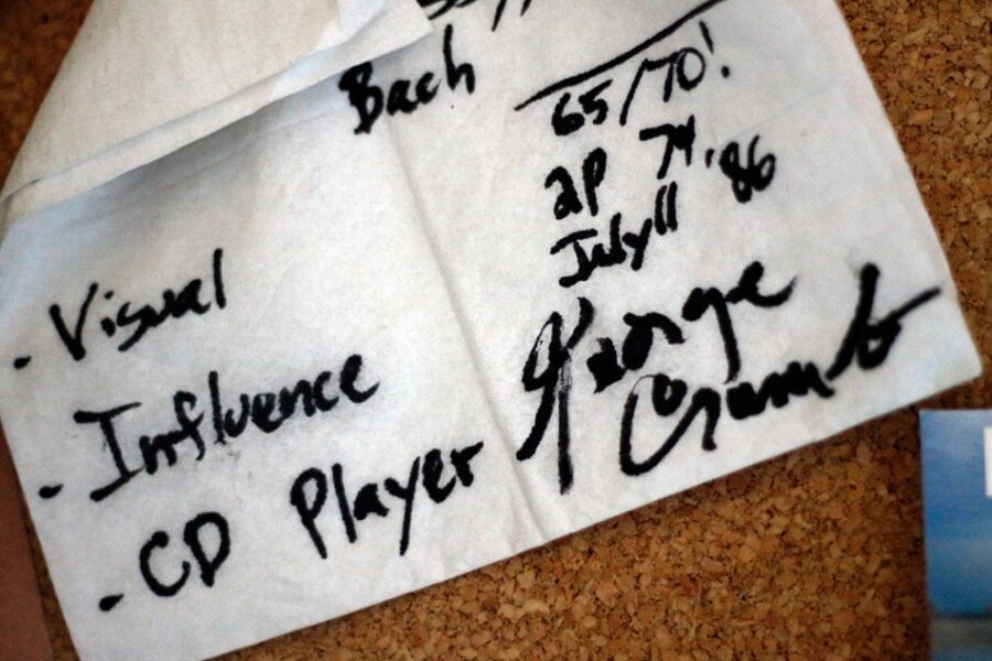 Jason makes napkin notes for his pre-show talk with George Crumb